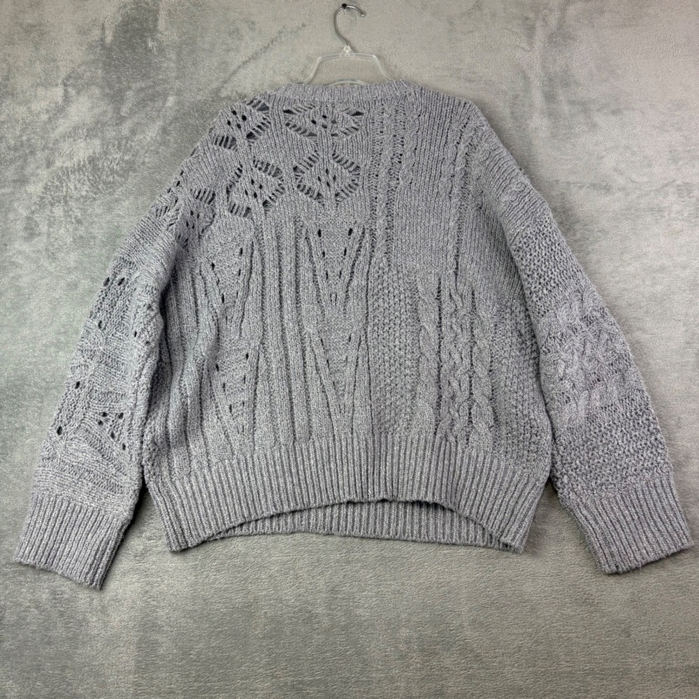 Amadi Athropologie L Grey Chunky Sweater Mixed Cable Pointelle Knit Cottage Core - Picture 4 of 12